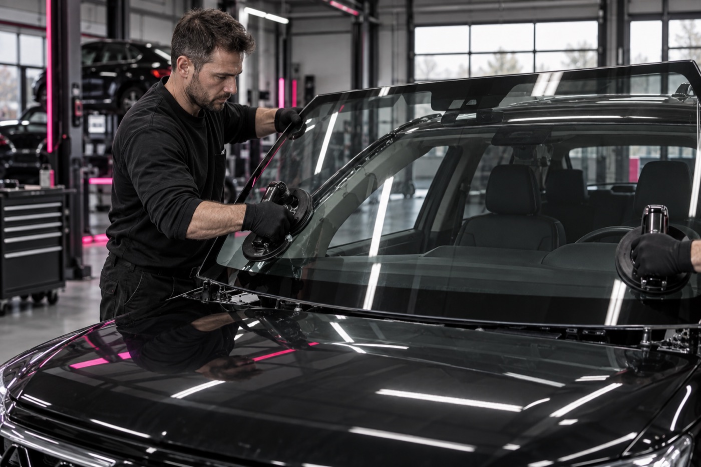 Pose d’un pare-brise avec des ventouses dans un atelier automobile